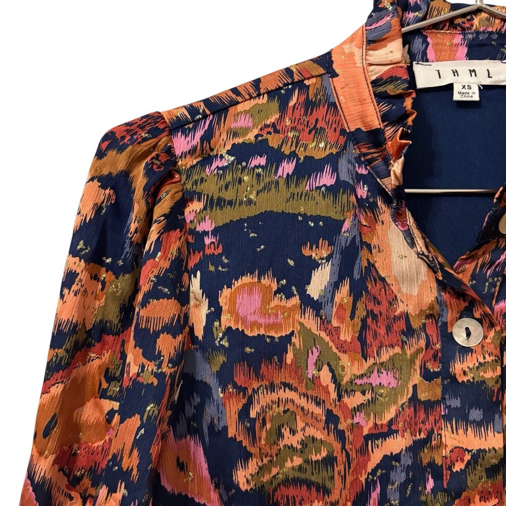 THML Navy Multicolor Metallic Print Ruffle Collar Button Down Mini Dress XS - Picture 4 of 8
